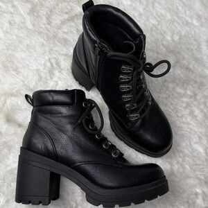 NOBO Lug Sole Black Moto Boots 7.5 Wide Vegan Lace SideZip Chunky Y2K Grunge Alt